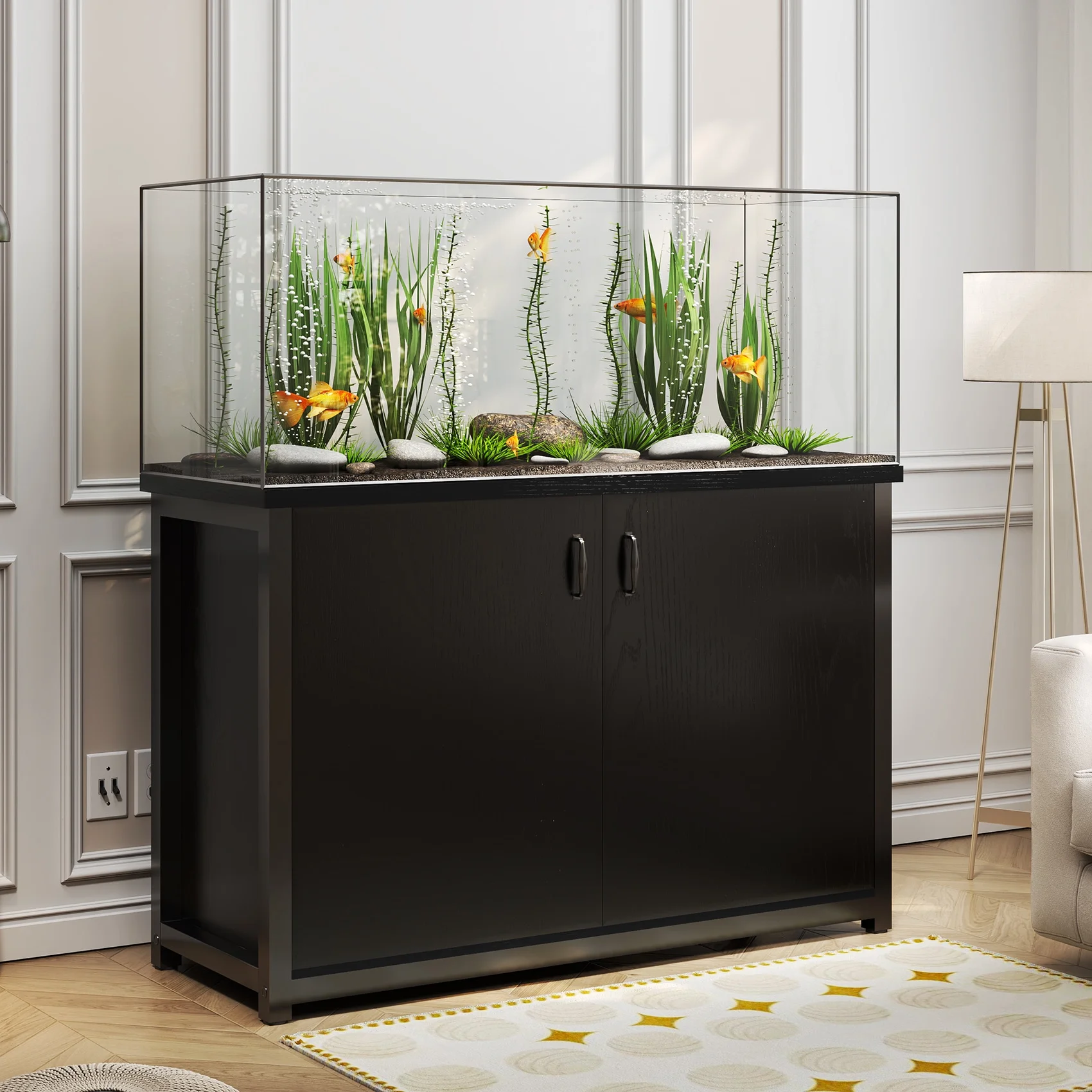 TC-HOMENY 55-75 Gallon Aquarium/Fish Tank Stand with Cabinet and Charging Station/Power Outlets, Black - Radiant Selections