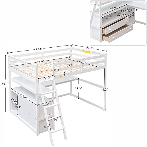 Harper & Bright Designs Twin Size Loft Bed with Wardrobe, Desk and Multiple Storage Shelves, Solid Wood Loft Bed Frame with Bookshelf