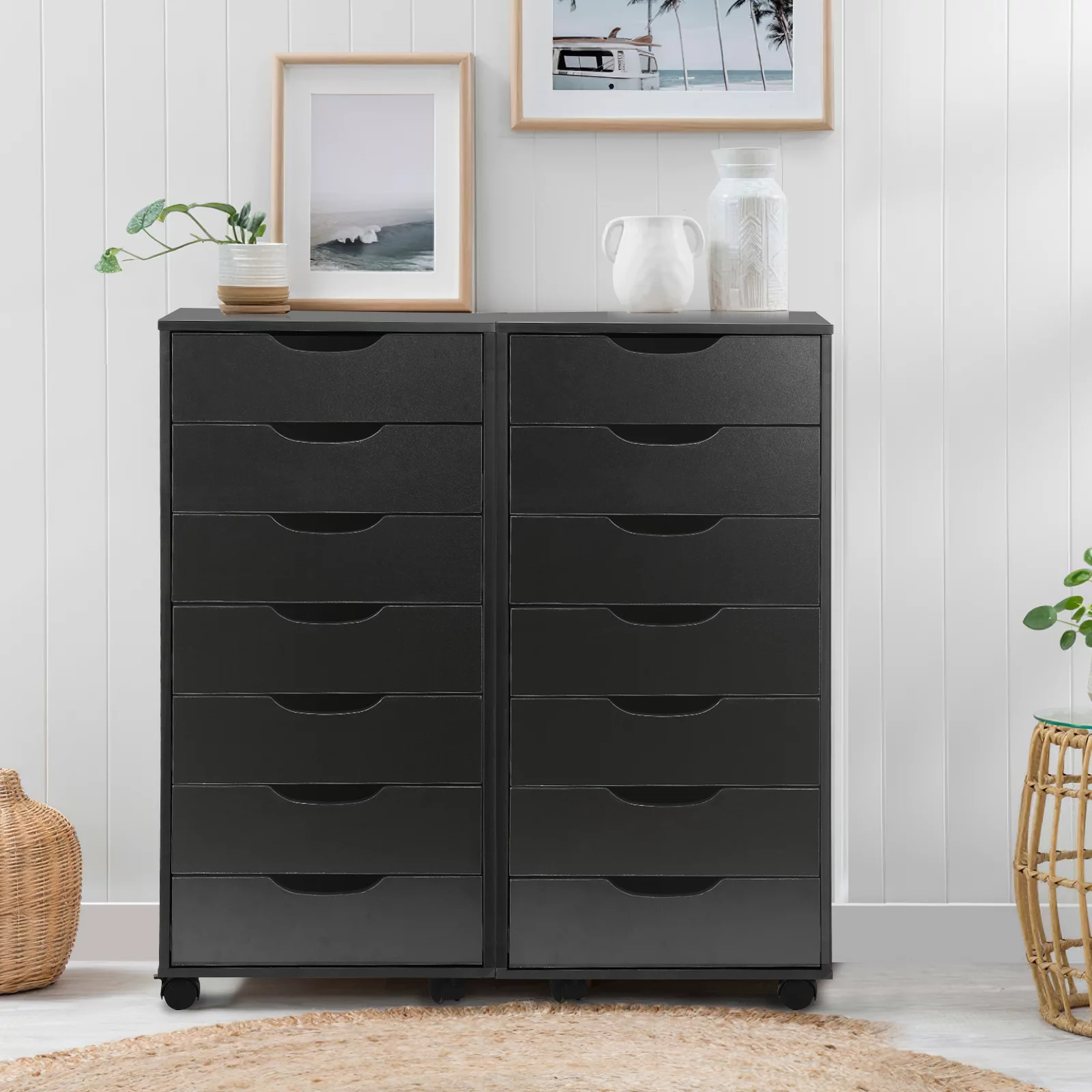 Richya 7-Drawer Chest, Storage Dresser Cabinet with Wheels, Tall Chest of Drawers for Closet and Bedroom (Black, 7 Drawer)