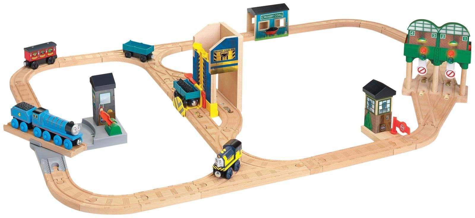 Fisher Thomas Friends Wooden Railway Logan and The Big Blue Engines Set