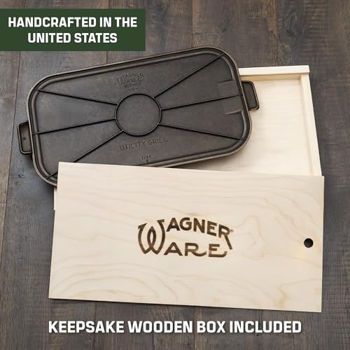 Wagner Cast Iron Griddle – 1950 Vintage Reissue in Wooden Box – Double Burner Griddle for Stovetop & Outdoor Cooking – Pre-Seasoned Cast Iron –