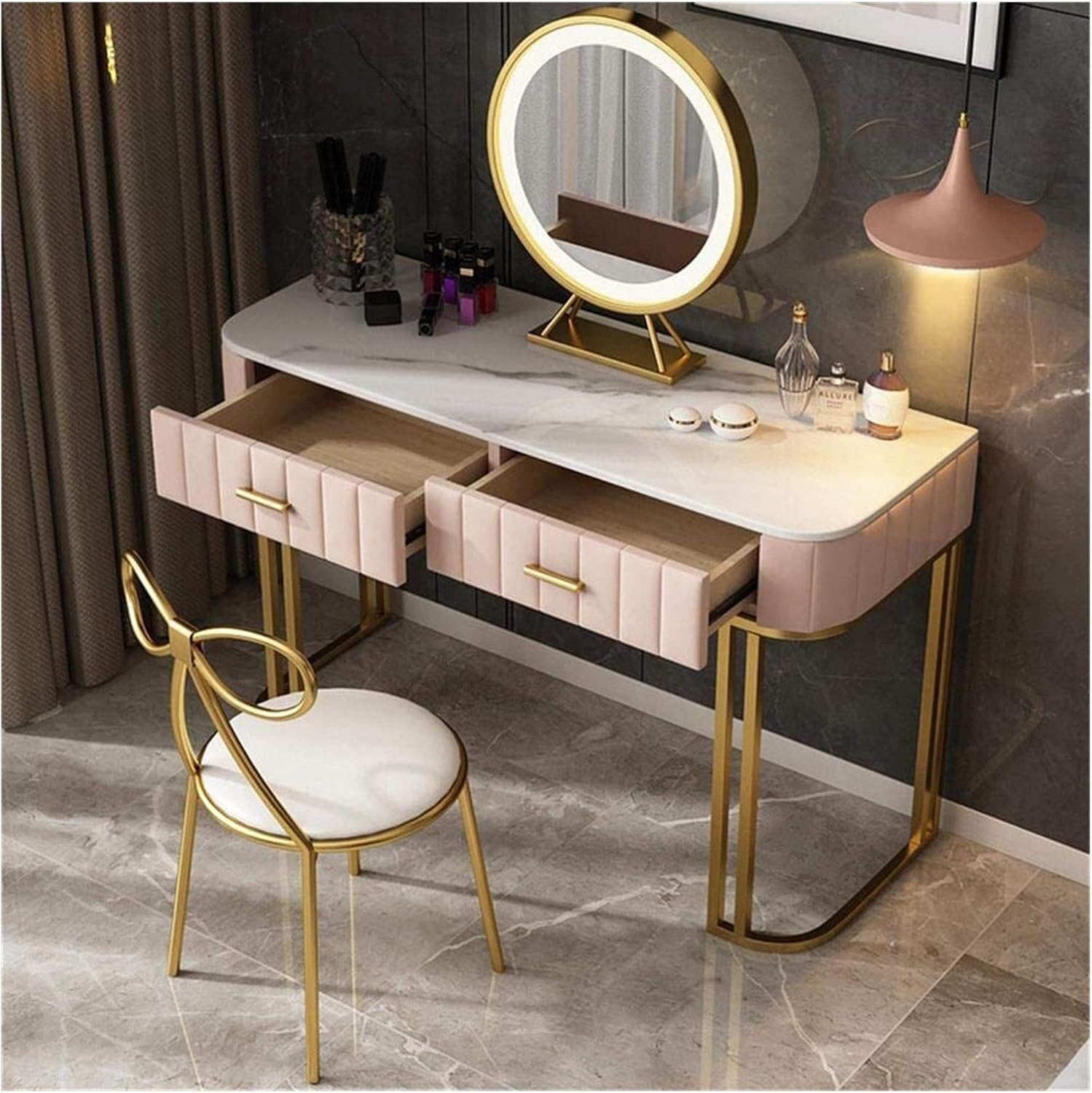Dresser Table for Bedroom, Retro Luxury Desk with LED Stool, Multifunctional Large Storage Space Drawer, Bedroom Furniture (Color : Blue) (Pink)