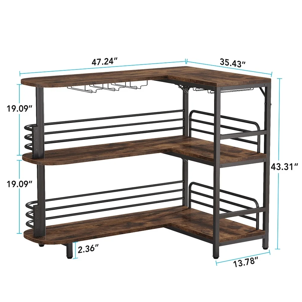 Tribesigns L-Shaped Home Bar Unit, 3 Tier Liquor Bar Table with Storage Shelves and Wine Glasses Holder, Rustic Brown