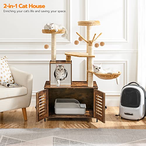 HOOBRO Cat Tree with Litter Box Enclosure, 27.6" L x 18.9" W x 52" H, All-in-One Wooden Cat Tower, Cat Furniture for Indoor Cats