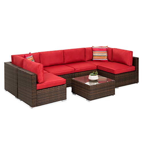 Best Choice Products 7-Piece Modular Outdoor Sectional Wicker Patio Conversation Set w/ 2 Pillows, Coffee Table, Cover Included - Gray/Navy