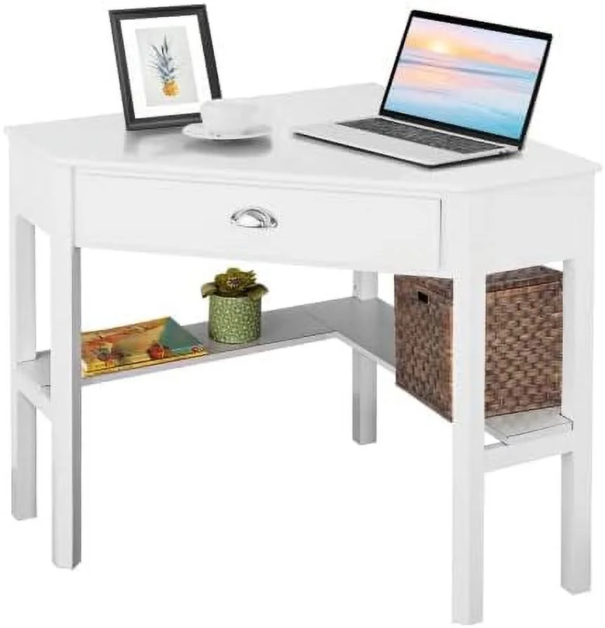 KHBIULIFE Corner Desk for Small Space  Compact Writing Table with Drawer and Shelves  Space Saving Study Modern Workstation  Laptop Corner Computer