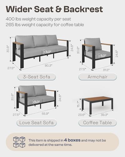 Aluminum Outdoor Patio Furniture Set with Coffee Table, 4 Piece Patio Conversation Sets with Washable Thick Cushions