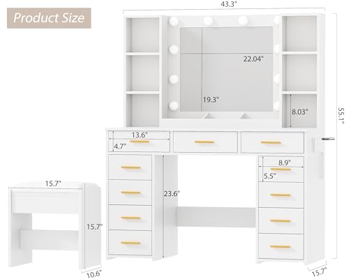 ANWBROAD White Vanity Desk with Mirror and Lights Makeup Vanity Desk with Power Outlet 11 Drawers 9 Shelves Hair Dryer Stand 3 Color Lighting Modes
