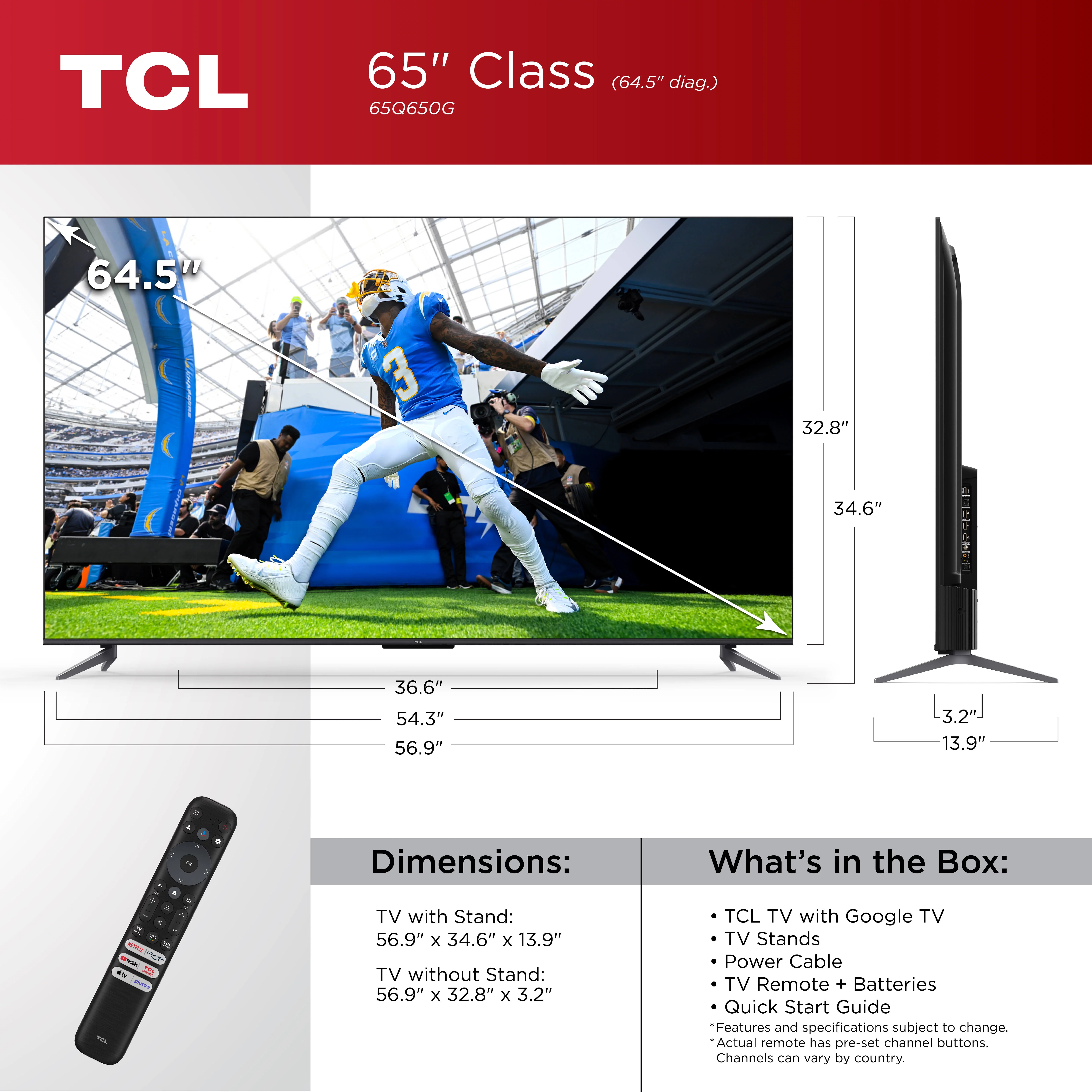 TCL 65” Class Q Class 4K QLED HDR Smart TV with Google TV, 65Q650G