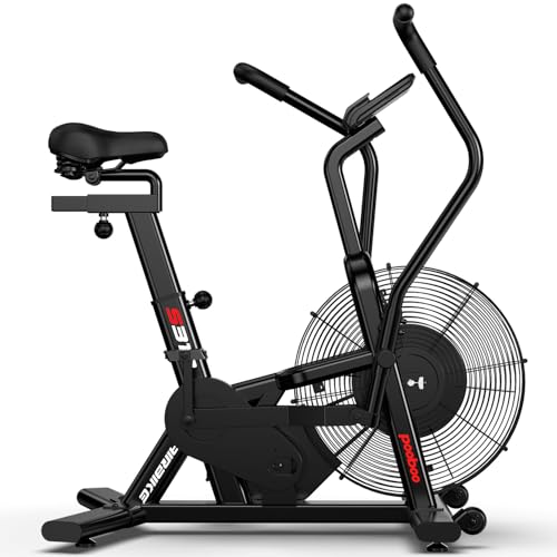 pooboo Exercise Bike, Stationary Bike for Home Gym, Air Resistance Bluetooth Fan Bike w/Dual Acction Handlebars & Dual-Layer Transmission System
