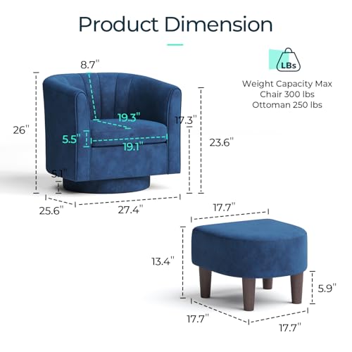 LINSY Swivel Accent Chair Ottoman Set: Velvet Small Barrel Chair with Foot Rest