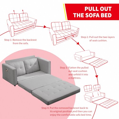 MUZZ Pull Out Couch, 55" W Upholstered Loveseat, Futon Sleeper Couch with 2 Side Pockets, Gaming Floor Couch Bed for Living Room, Bedroom