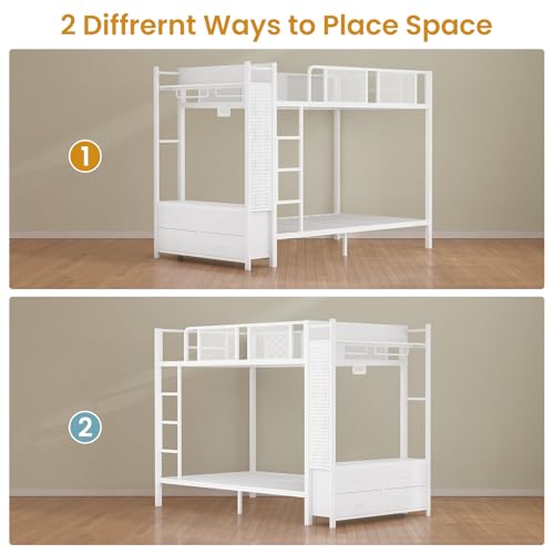 Itaar Metal Bunk Bed Twin Over Twin with Hall Tree, Power Outlet, LED Bunk Bed with 4 Storage Drawers, Bed with Safety Guardrail & Ladders