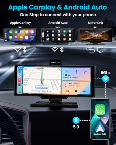 Portable Apple Carplay Screen, 10&rsquo;&rsquo; Car Stereo Wireless Car Play & Android Auto Touch Screen, 4K Dash Cam, 1080P Backup Camera