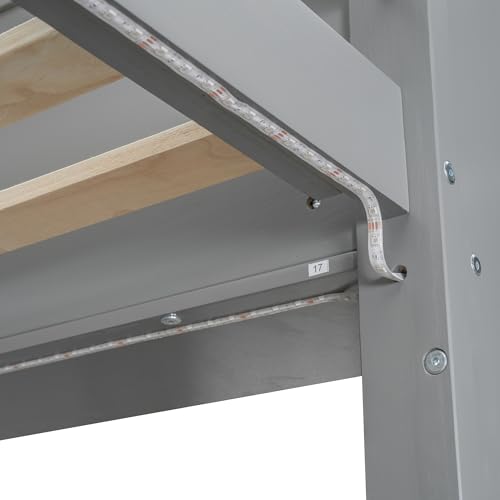 Modern Full Size Gaming Loft Bed with Built-in Desk and Storage Wardrobe, Wood Loft Bed Frame with Light Strip and 2 Drawers