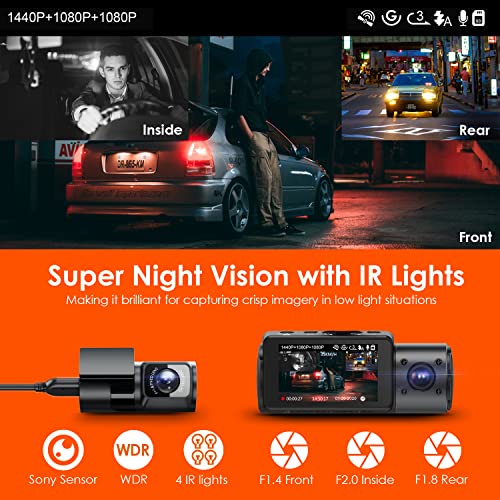 VANTRUE N4 3 Channel Dash Cam, 4K+1080P Dual Channel, 1440P+1440P+1080P Front Inside Rear Three Way Triple Car Dash Camera, IR Night Vision