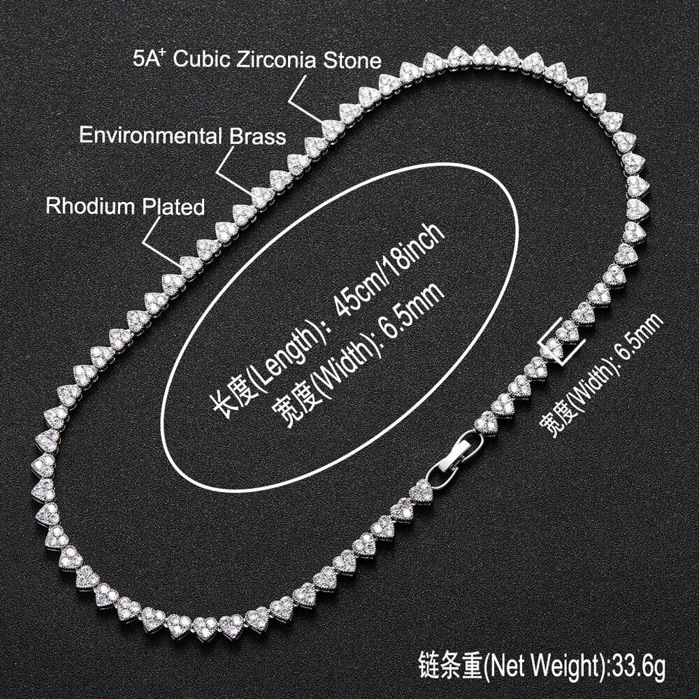 18K Gold and Silver Plated 6.5mm Hip Hop Heart Chain Necklaces Bling ICED 5A+ CZ