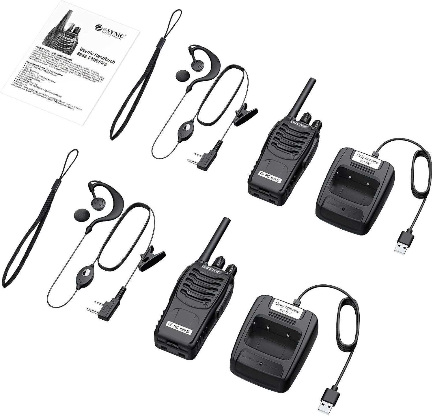 eSynic Rechargeable Walkie Talkies with Earpieces 2pcs Long Range Two-Way Radios 16 Channel USB Cable Charging Walky Talky Handheld Transceiver with