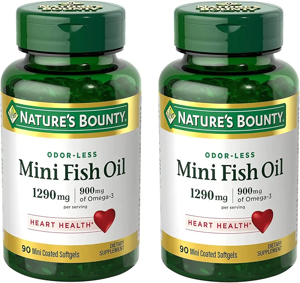 Nature's Bounty Mini Fish Oil Softgels 1290 mg, Omega-3, Supports Heart Health, Odor-Less, 90 Mini Coated Softgels - Pack of 2 - Kansas Nuitrition