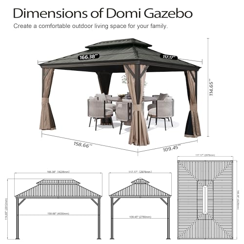 Domi 10’ x 10’ Hardtop Gazebo Metal Frame Canopy with Netting & Curtains
