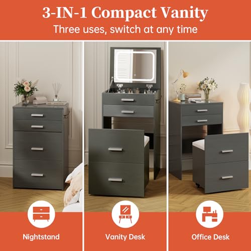 Compact Vanity with 3 Drawers, 3 in 1 Vanity Desk, Makeup Desk with Flip-up 3 Colors Lighting Mirror and Cushioned Stool