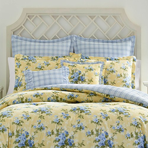 Laura Ashley Cassidy Yellow Comforter Set, King, Includes Bonus Euro Shams & Throw Pillows Lorelei Dark Blue King Sheets