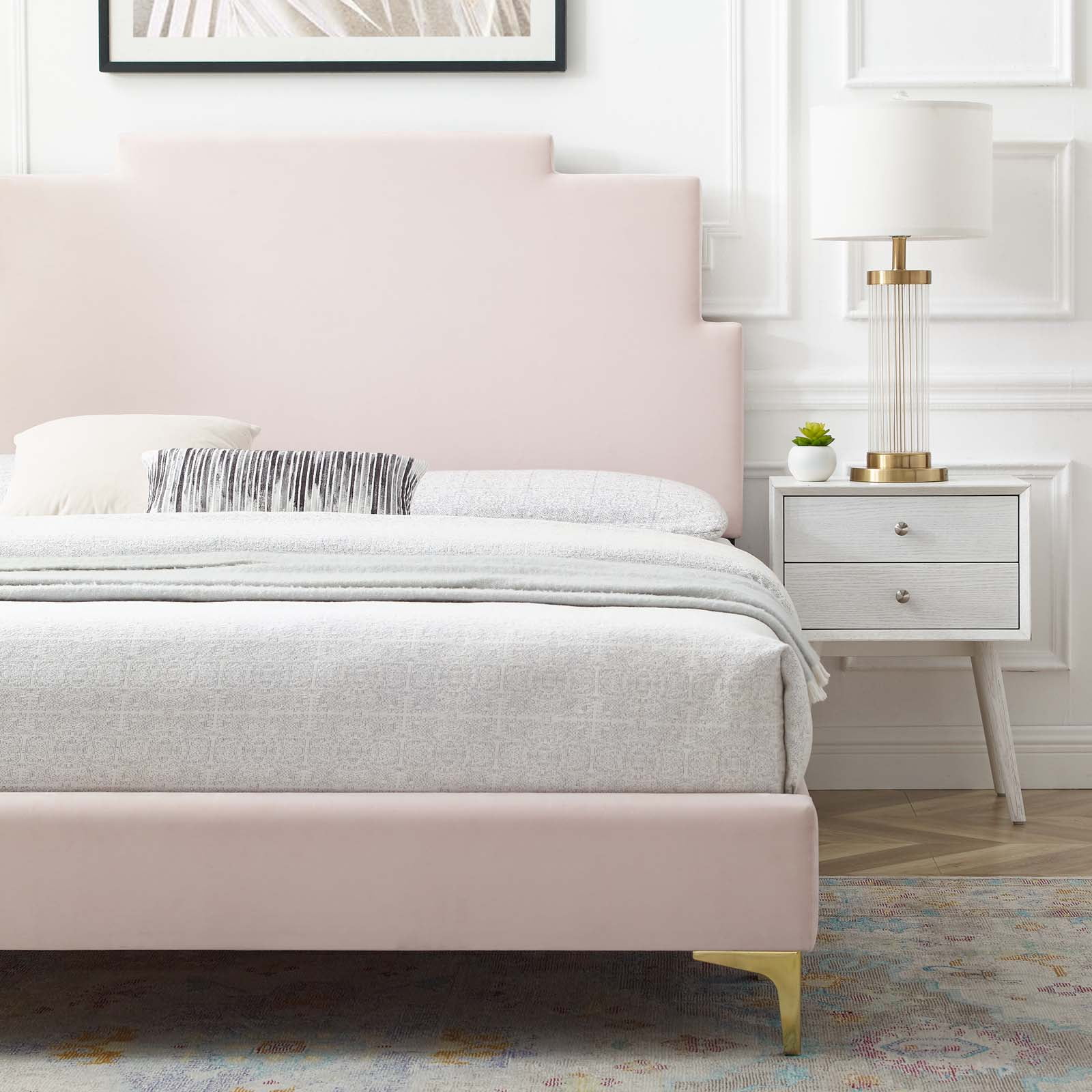 Platform Bed Frame, Queen Size, Velvet, Pink, Modern Contemporary Urban Design, Bedroom Master Guest Suite
