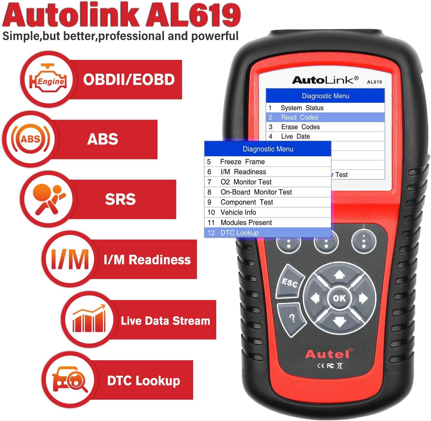 Autel AutoLink AL619 Automotive Diagnostic Scan Tool - 2022 Newest OBD2 Scanner Read/Erase DTCs, ABS/ SRS Lights Reset, Full OBDII Functions