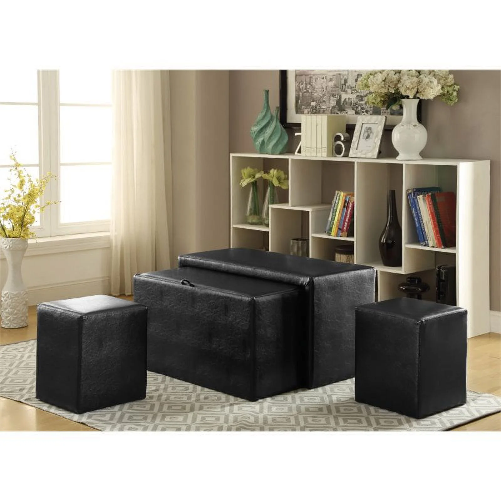 Furniture of America Drester Faux Leather Bench and Ottoman Set in Dark Brown