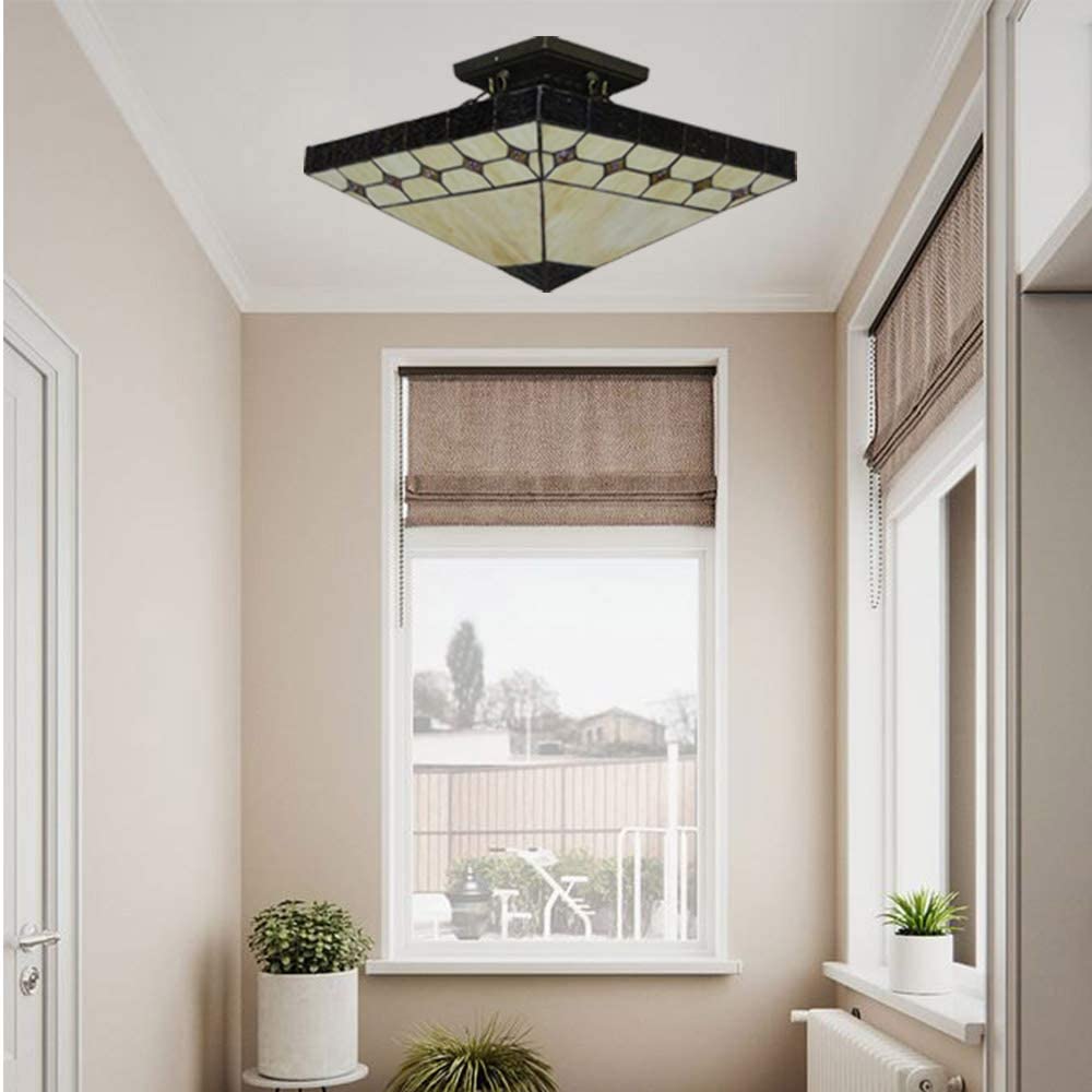 Tiffany Style Flush Mount Ceiling Light Minimalist Green Leaf Decoration Ceiling Light for Living Room,Corridor,Bedroom,Restaurant 15inch