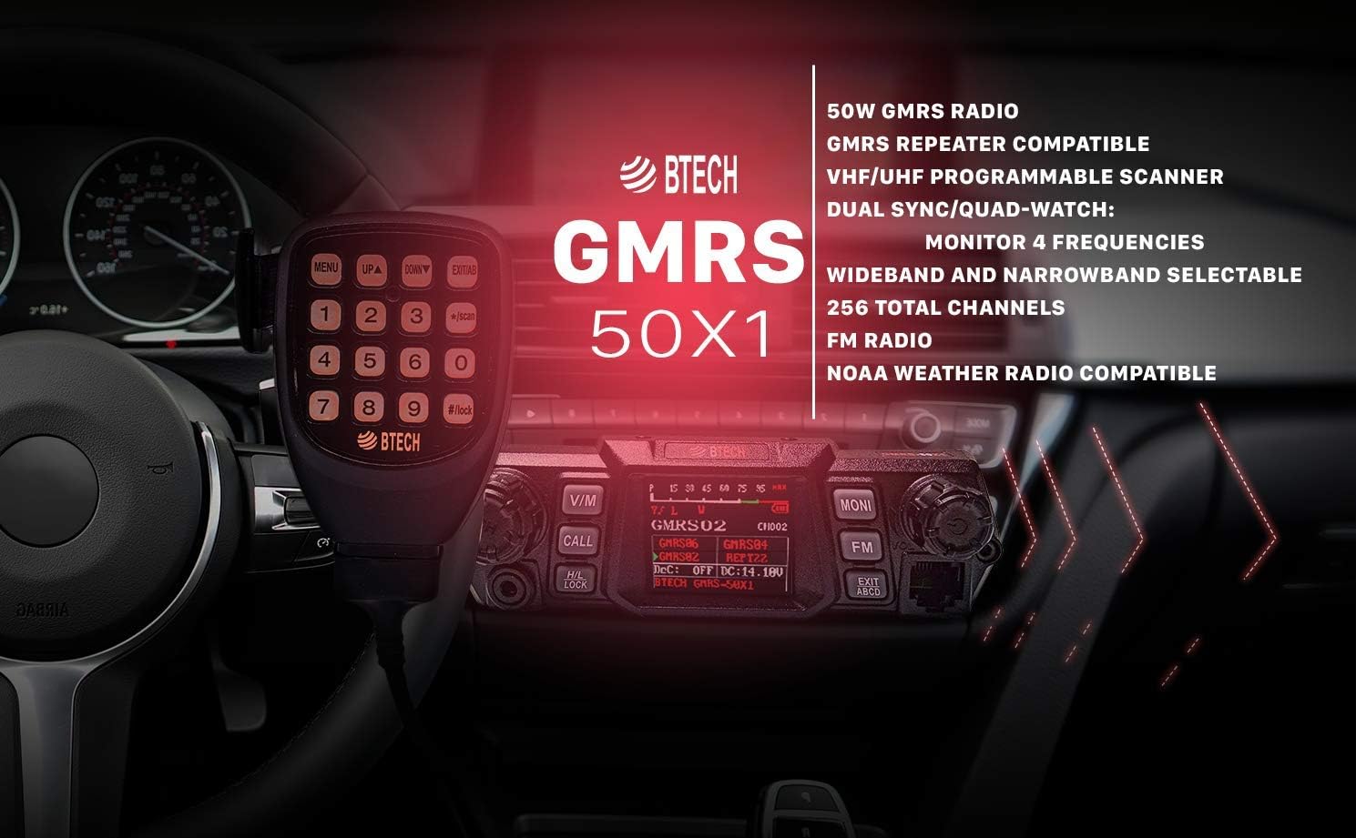 BTECH Mobile GMRS-50X1 50 Watt GMRS Two-Way Radio, GMRS Repeater Capable, with Dual Band Scanning Receiver (136-174.99MHz (VHF) 400-520.99MHz (UHF))