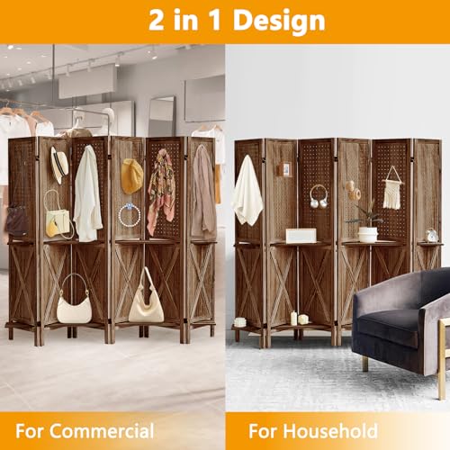 4 Panel Pegboard Display with 16 Hooks, Wooden Pegboard Room Divider Wall with Shelf, Rustic Room Dividers and Folding Privacy Screens, Bedroom