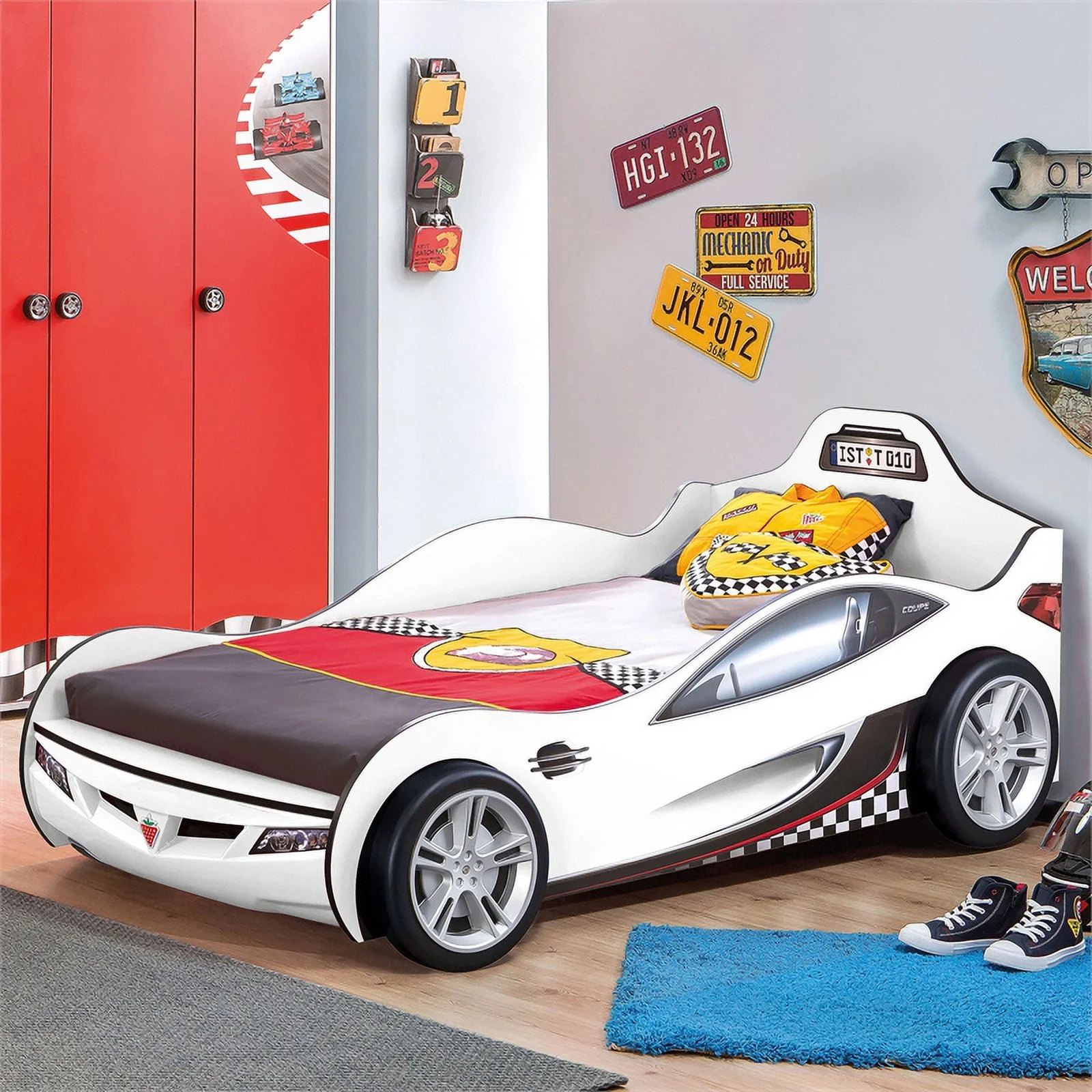 Cilek Kids Room Race Cup Wood Twin Car Bed with Cool Details in White