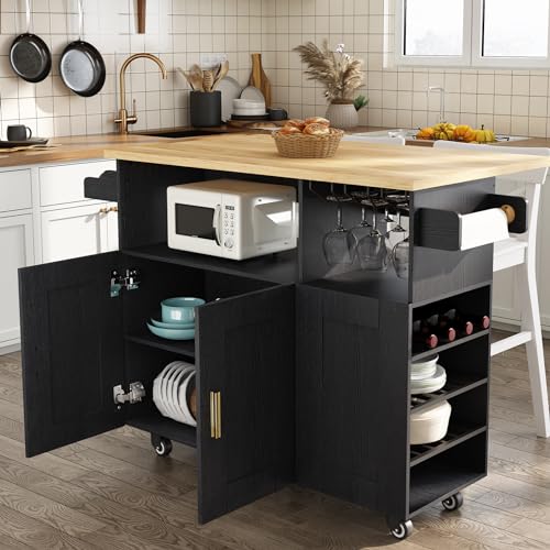 Rolling Mobile Kitchen Island Cart with Desktop Drop Leaf Countertop, Island Table Storage with 5 Wheels
