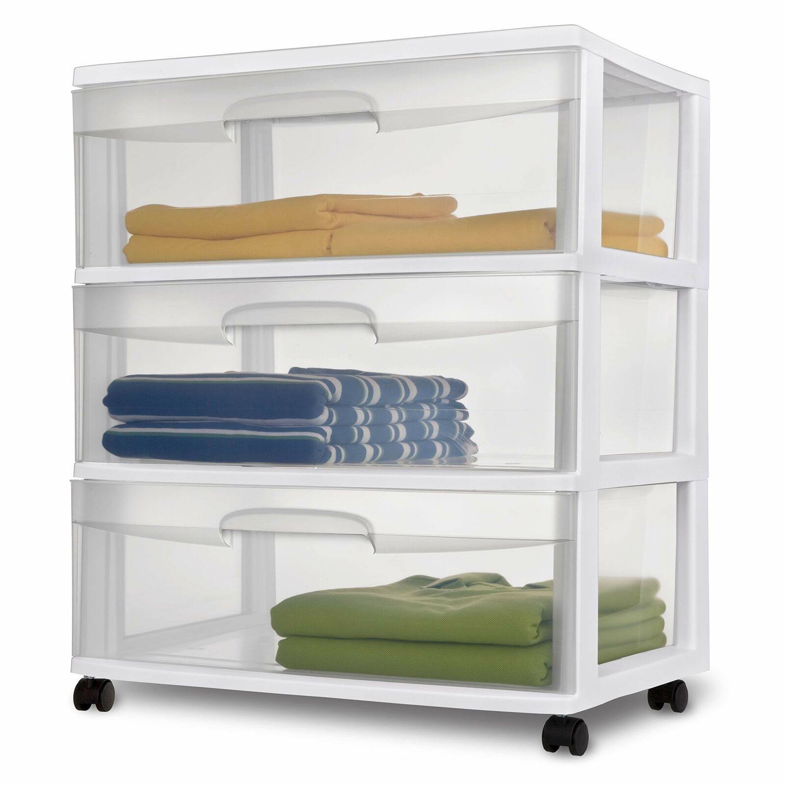 Sterilite 29308001 Wide 3 Drawer Cart, White Frame with Clear Drawers and Black