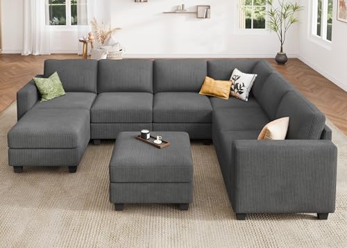 HONBAY Corduroy Modular Sectional Couch with Storage L-Shaped Sectional Couches for Living Room 6 Seater Modular Sofa, Dark Gray