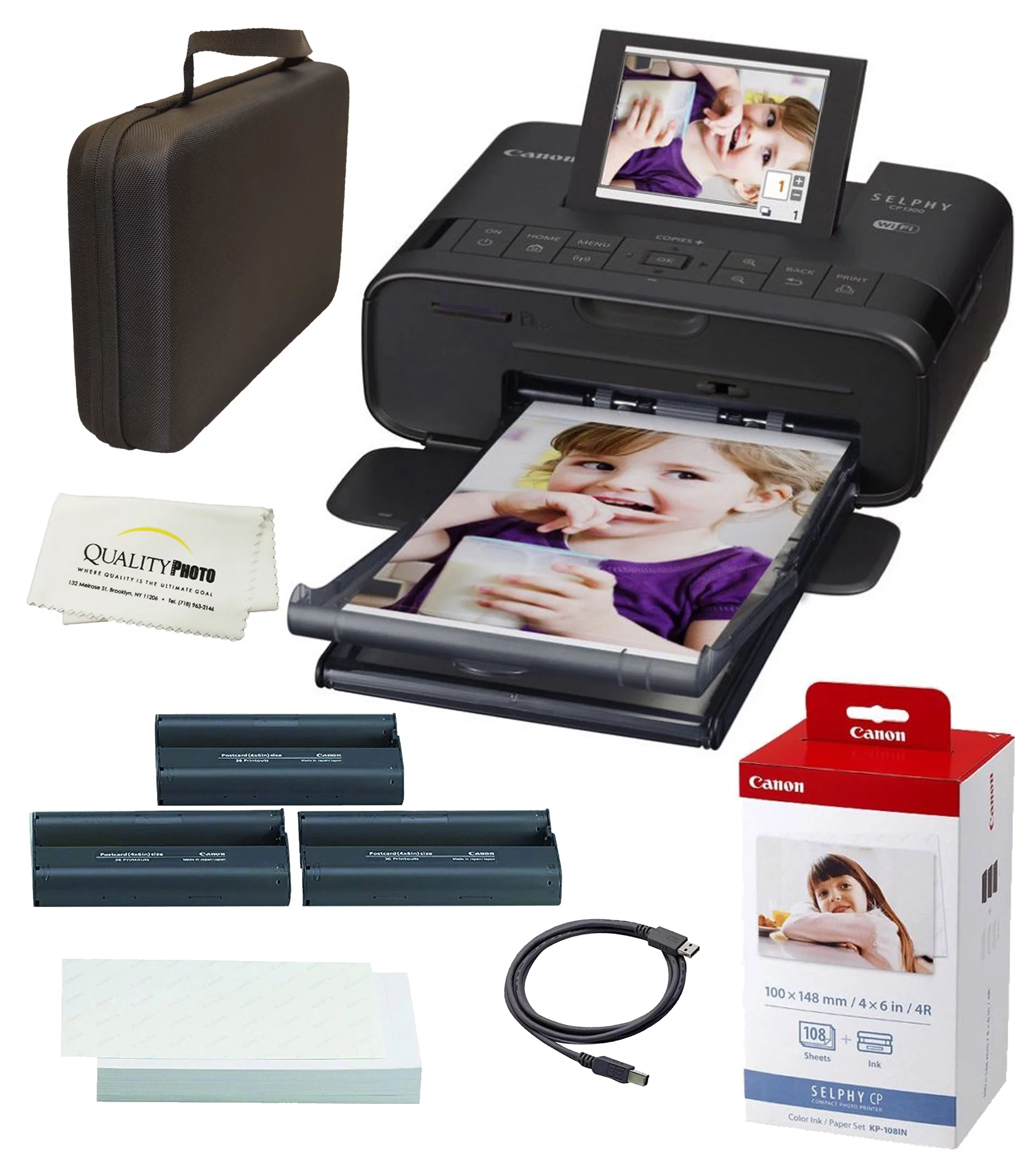 Canon SELPHY CP1300 Wireless Compact Photo Printer With Air Print and Mopria Device Printing Black With Canon KP108 Paper And Black Hard Case To Fit