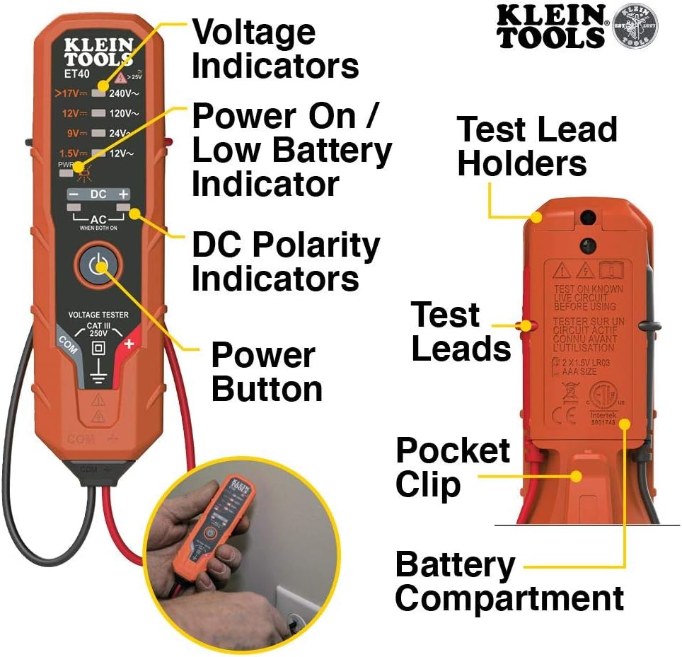 Klein Tools CL120VP Electrical Voltage Test Kit with Clamp Meter, Three Testers, Test Leads, Pouch and Batteries