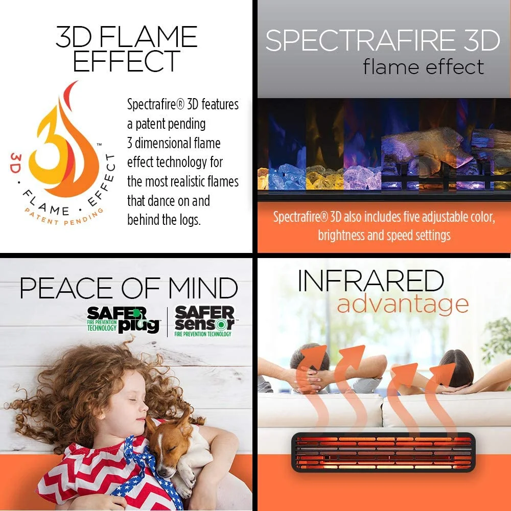 ClassicFlame 33" 3D Infrared Quartz Electric Fireplace Insert with Safer Plug and Safer Sensor, Black