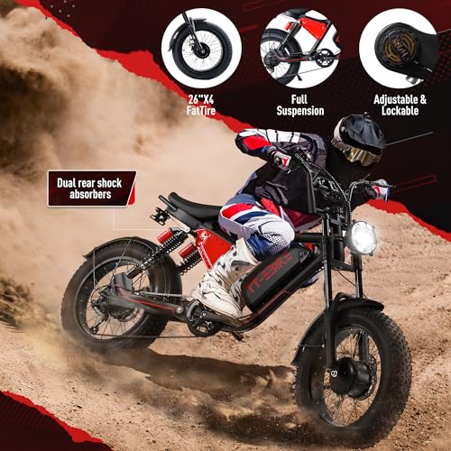 Dual:𝟑𝟎𝟎𝟎𝐖,𝟐𝟎𝟎𝟎/𝟏𝟓𝟎𝟎/𝟏𝟎𝟎𝟎𝐖 Folding Electric Bike Adults with 48V 23/20/17.5AH Battery, 26x4.0 Fat Tire Mountain E Bike, Full Suspension 31-38 MPH