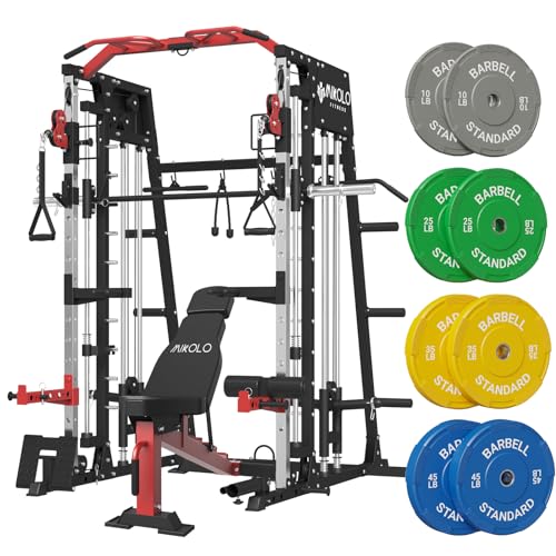 Mikolo Smith Machine, 2200lbs Squat Rack with LAT-Pull Down System & Cable Crossover Machine, Training Equipment with Leg Hold-Down Attachment