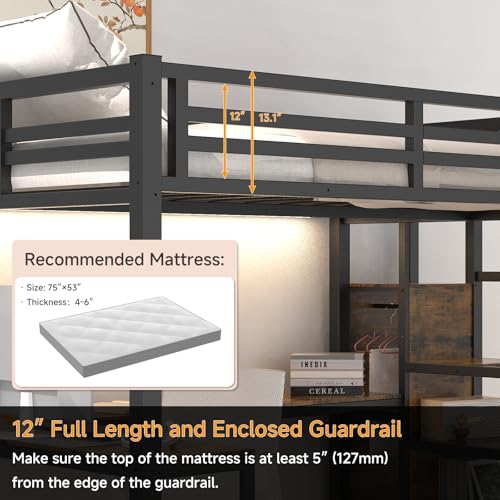 Full Size Loft Bed with Desk and Storage Stairs, Heavy Duty Metal Loft Bed Frame with Wardrobe