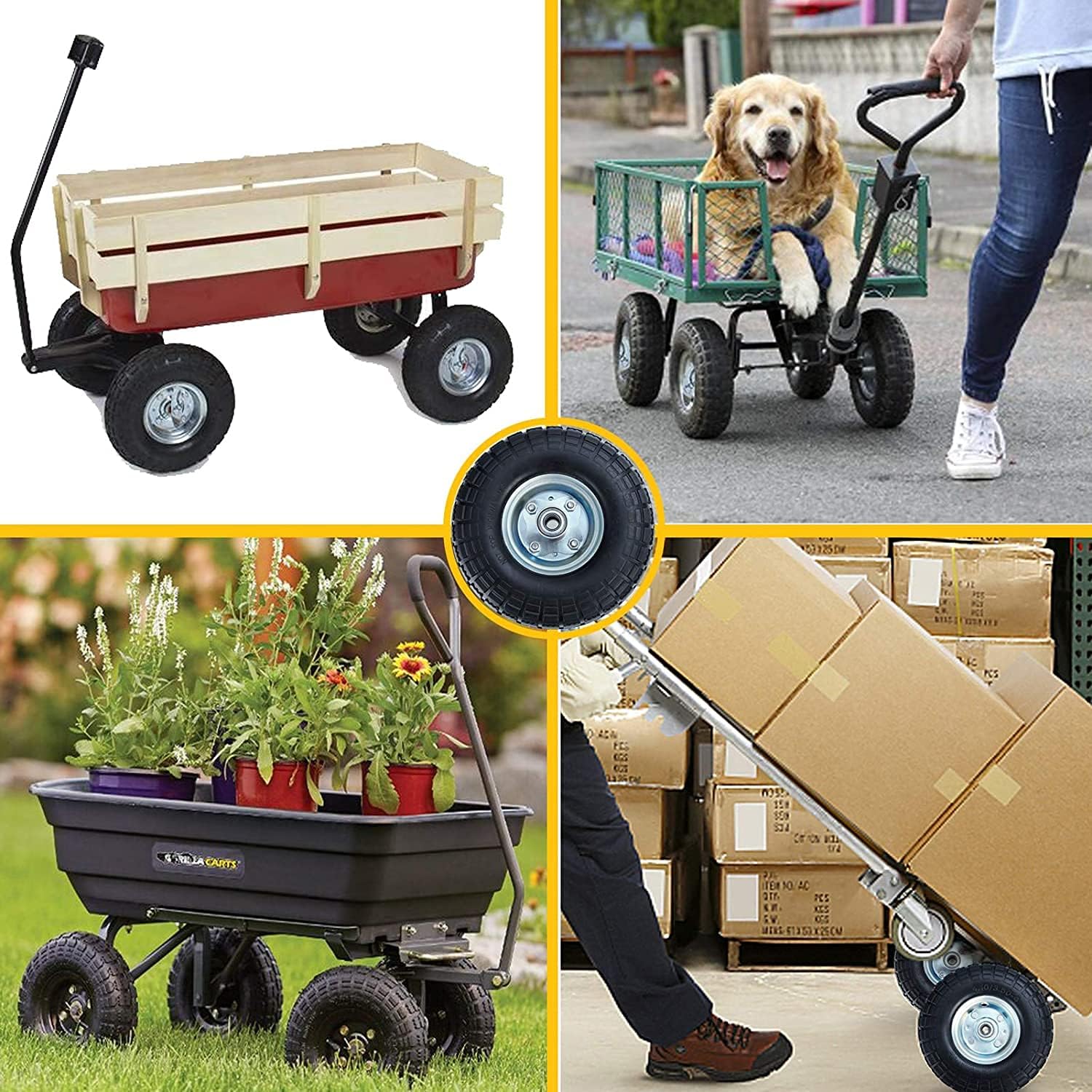 Bimiti 4 Pack 10 Pneumatic Air Filled Heavy-Duty Wheels Tires with 5/8 Center Bearing All Purpose Utility Air Tires Wheels Pneumatic Rubber Tyre