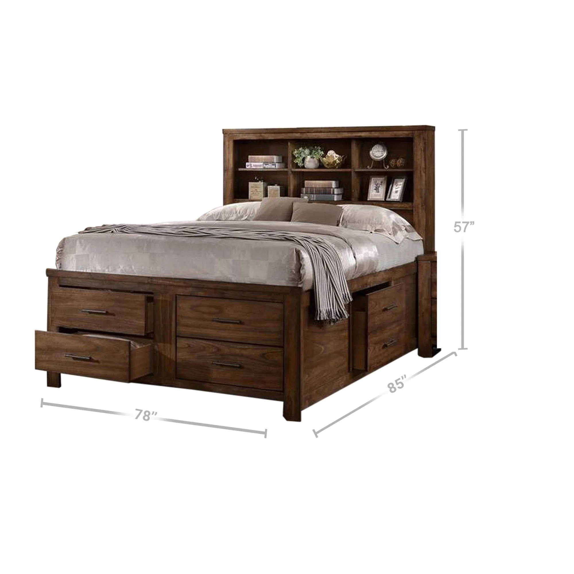 Benjara Tiva Wood King Size Bed, 6 Drawers, Book Case Frame, Distressed Oak Brown