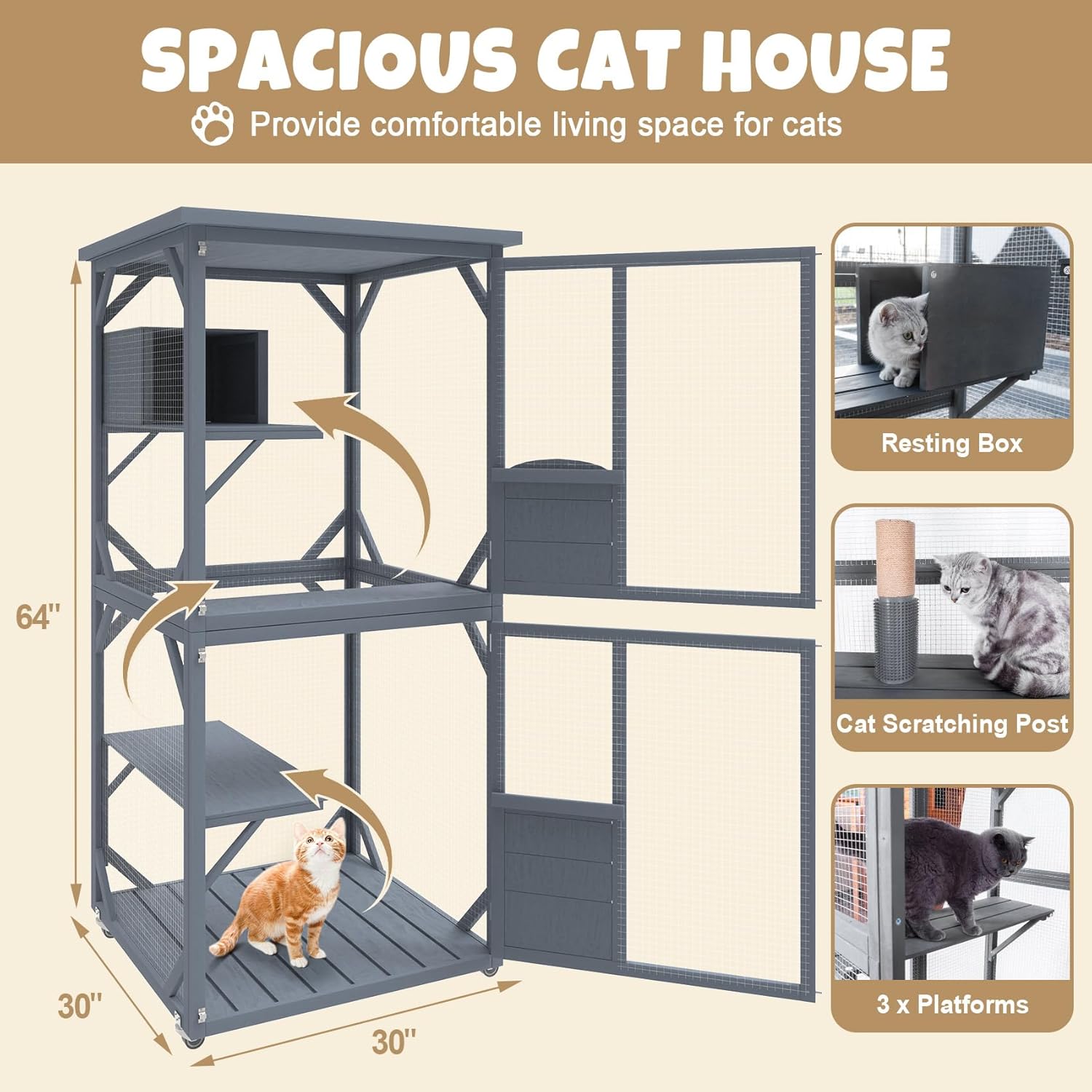 Catio Outdoor Cat House, Wooden Large Enclosure with Run on Wheels, 64" Outdoor/Indoor Cat Catio for Multiple Cats with Waterproof Roof, Platforms