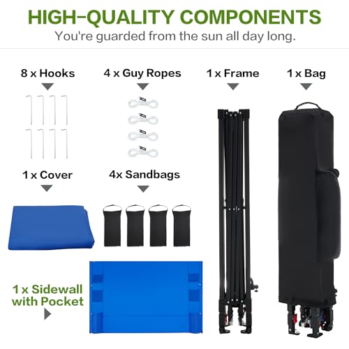 10'x10' Pop Up Canopy Tent with 1 Sidewall and 6 Pockets, One Push Setup, Instant Shade Tent with Vented Roof for Beach Patio Outdoor, Case, 8 Stakes