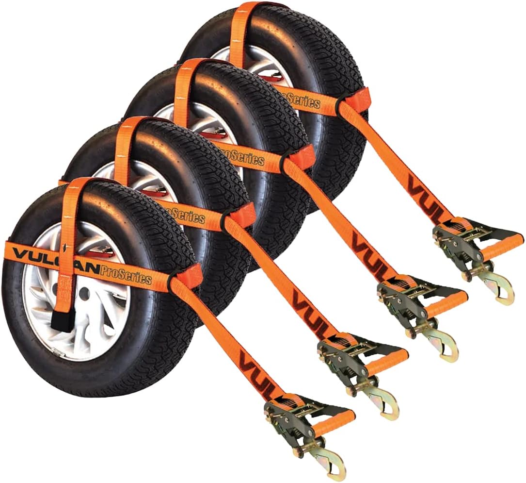 VULCAN Car Tie Down Kit - Adjustable Loop - Snap Hooks - Classic Yellow - Complete Kit Includes 4 Straps and 4 Ratchets