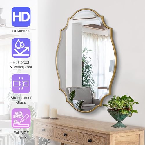 Scalloped Oval Wall Mirror, 24“X36” Gold Bathroom Vanity Mirror, Ornate Decorative Mirror for Living Room, Washroom, Bedroom
