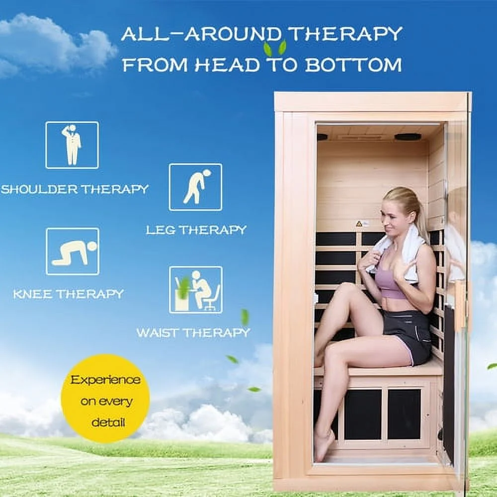 1-Person Far Infrared Sauna Room using Canadian Hemlock, Outdoor Personal Home Spa for Relaxation with intelligent control panel(Wood)