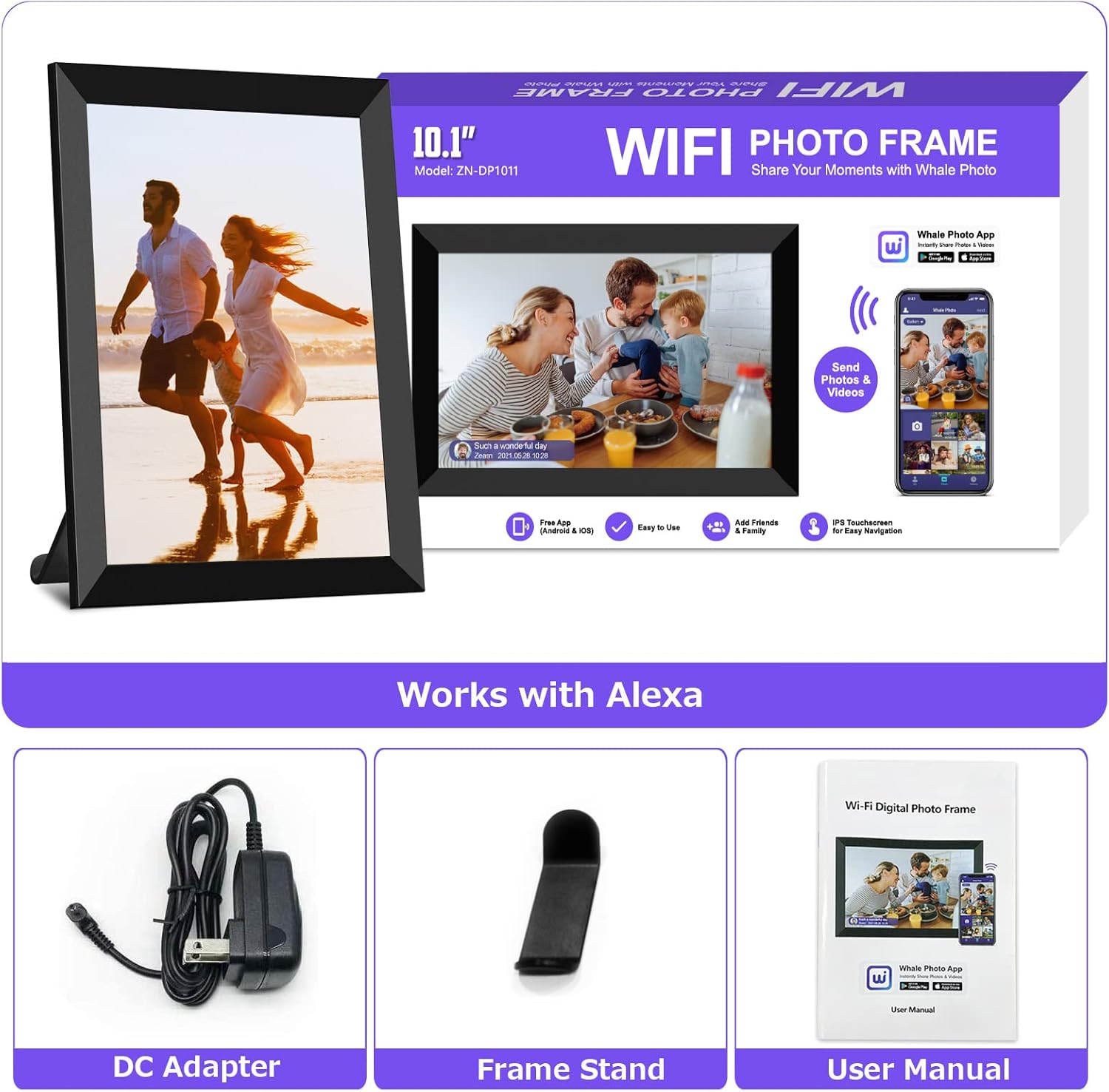 WiFi Digital Photo Frame 10.1 inch Work with Alexa Voice Control HD IPS Touch Screen, Built-in16GB Storage, Auto-Rotate Wall-Mountable